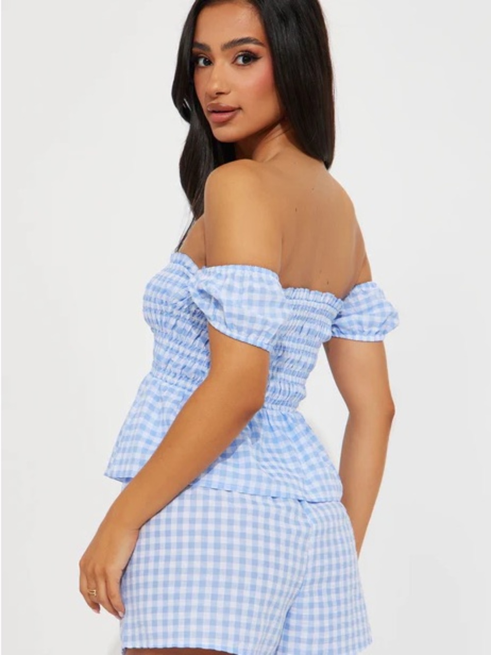 Haute Monde Blue Gingham Off-Shoulder Top & Shorts Set - Picture 3 of 4
